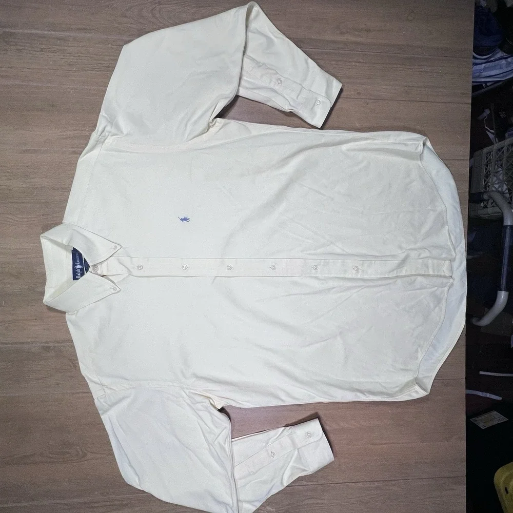 Ralph Lauren Navy label Polo logo long sleeve butter yellow shirt‎ Med Vintage